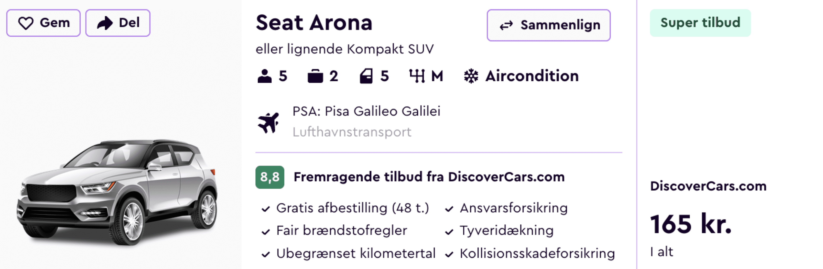 Lejebil pris-screenshot