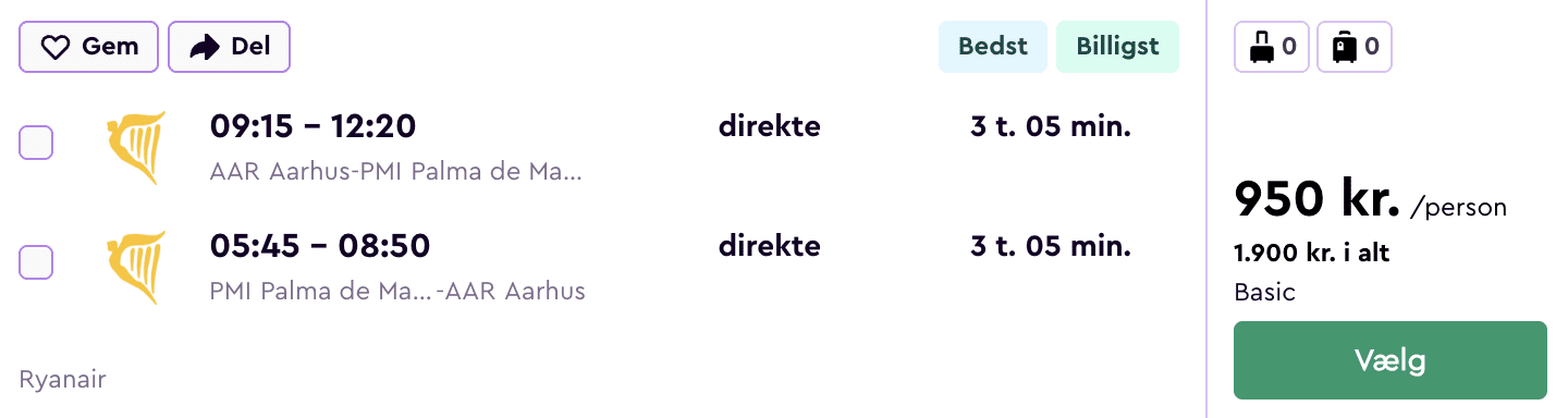 Flypris screenshot fra Aarhus (AAR)