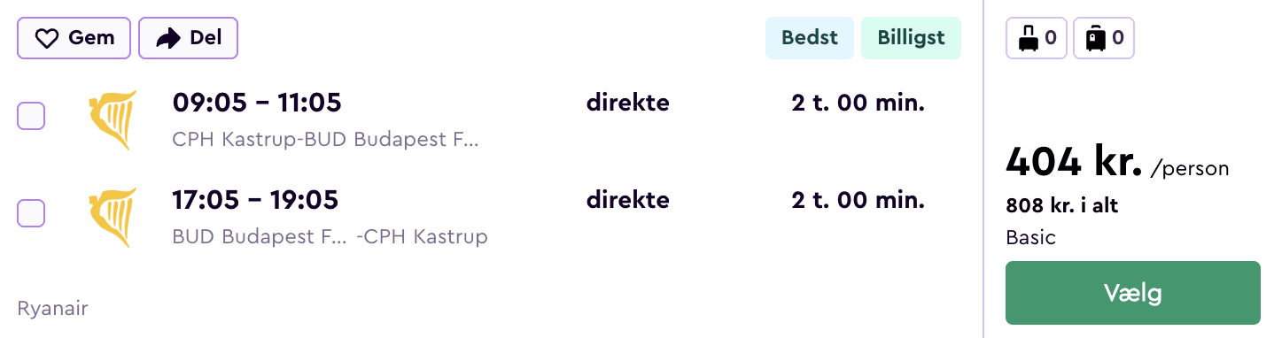 Flypris screenshot fra København (CPH)