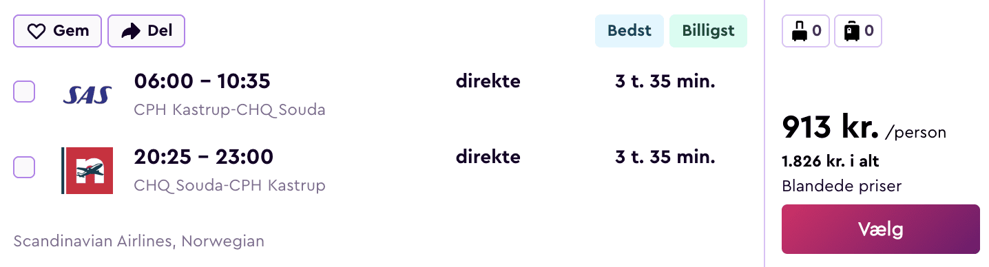 Flypris screenshot fra København (CPH)