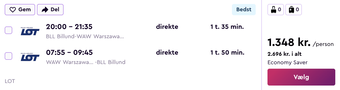 Flypris screenshot fra Billund (BLL)