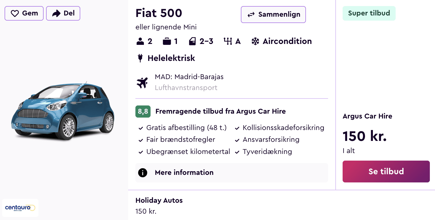 Lejebil pris-screenshot
