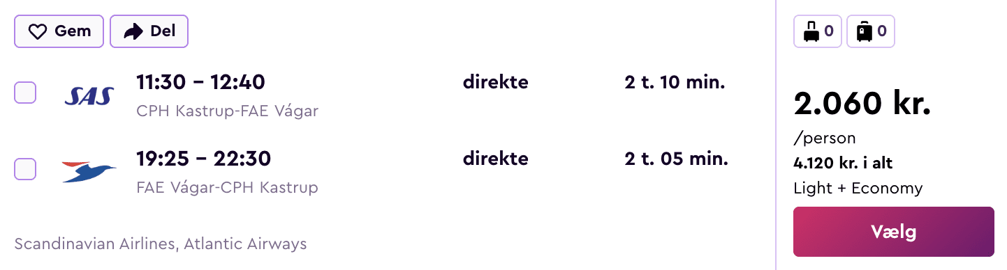 Flypris screenshot fra København (CPH)