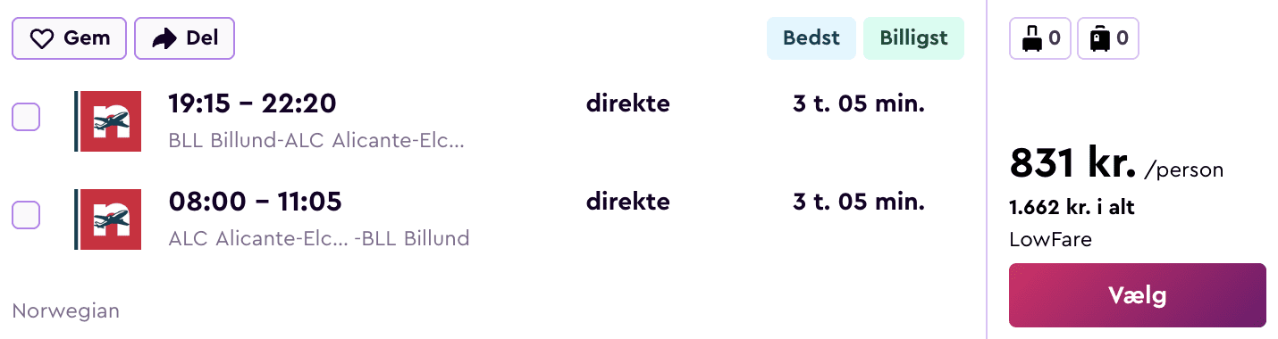 Flight price screenshot from Billund (BLL)