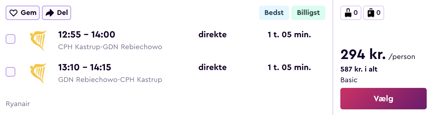 Flight price screenshot from Aarhus (AAR)