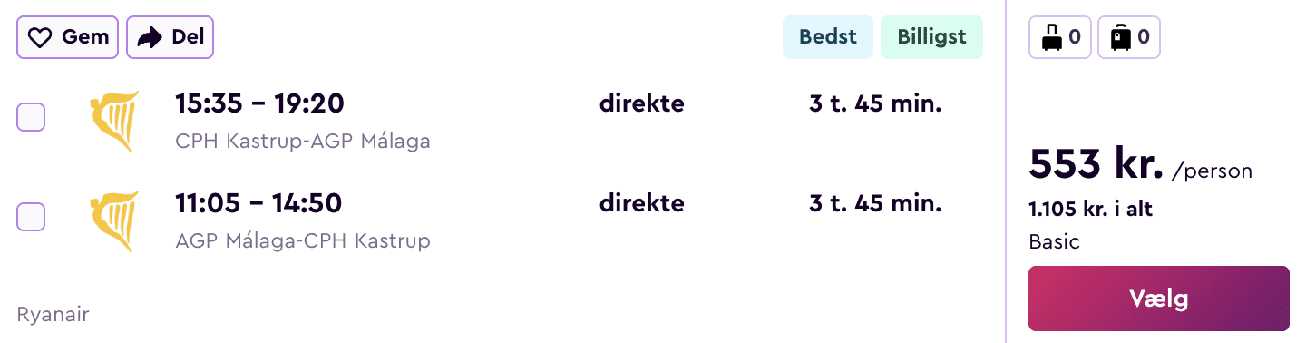 Flight price screenshot from København