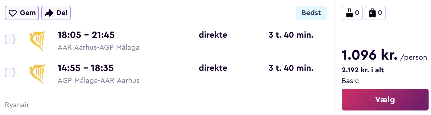 Flight price screenshot from Billund (BLL)