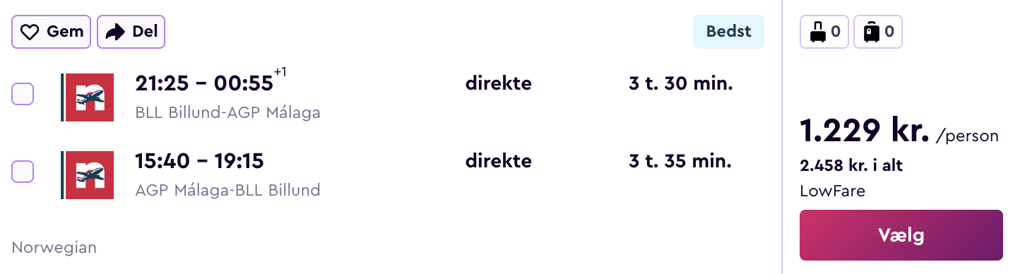 Flight price screenshot from Aarhus (AAR)