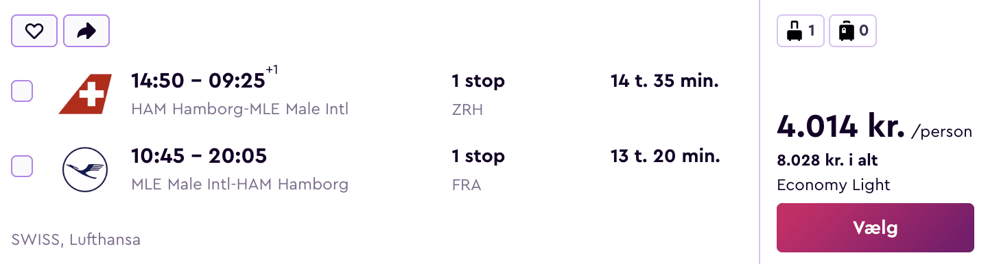 Flight price screenshot from København