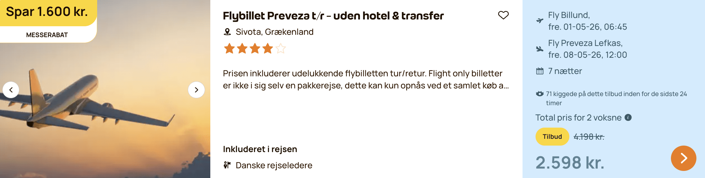 Flight price screenshot from København