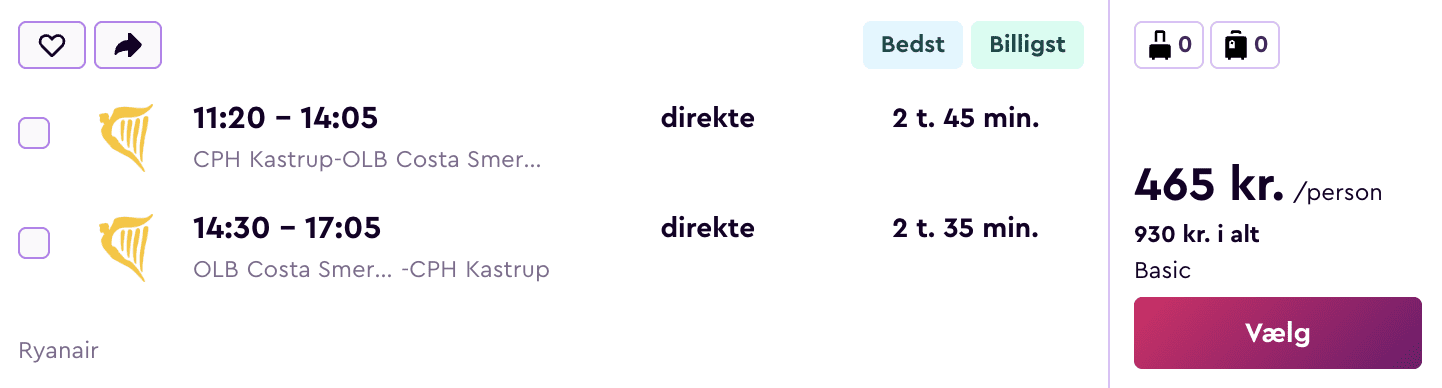 Flight price screenshot from København