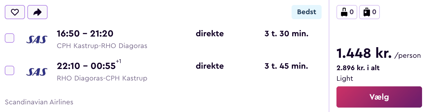 Flight price screenshot from København