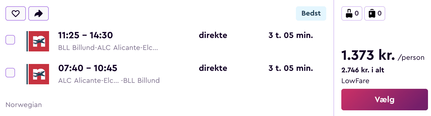 Flight price screenshot from Billund (BLL)