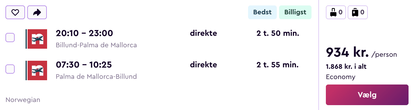 Flight price screenshot from Aarhus (AAR)