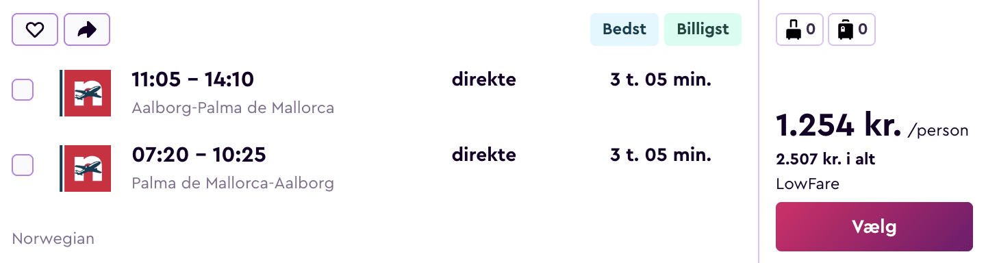 Flight price screenshot from Aalborg (AAL)