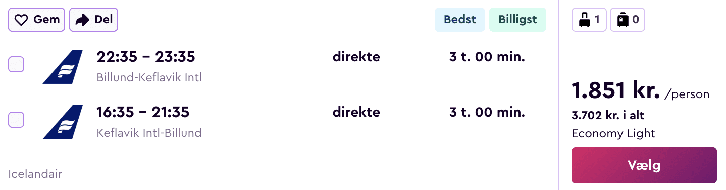 Flight price screenshot from Billund (BLL)