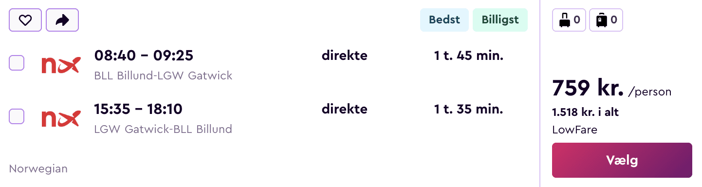 Flight price screenshot from Aarhus (AAR)