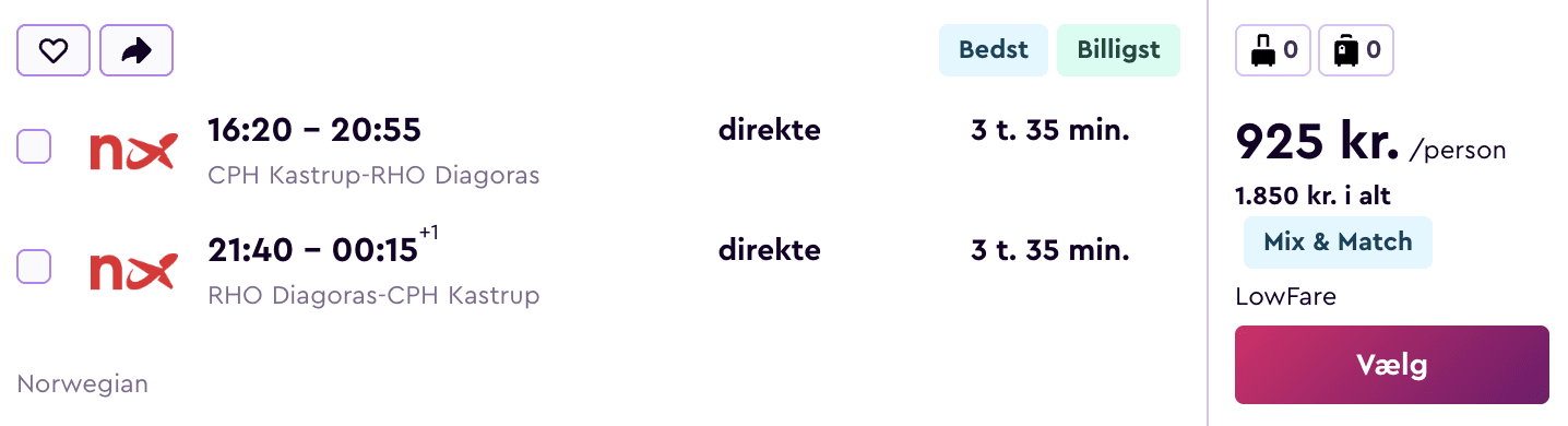 Flight price screenshot from København