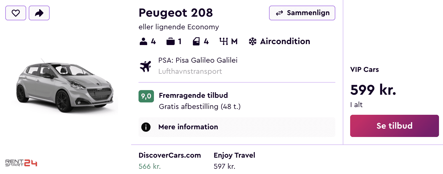 Lejebil pris-screenshot