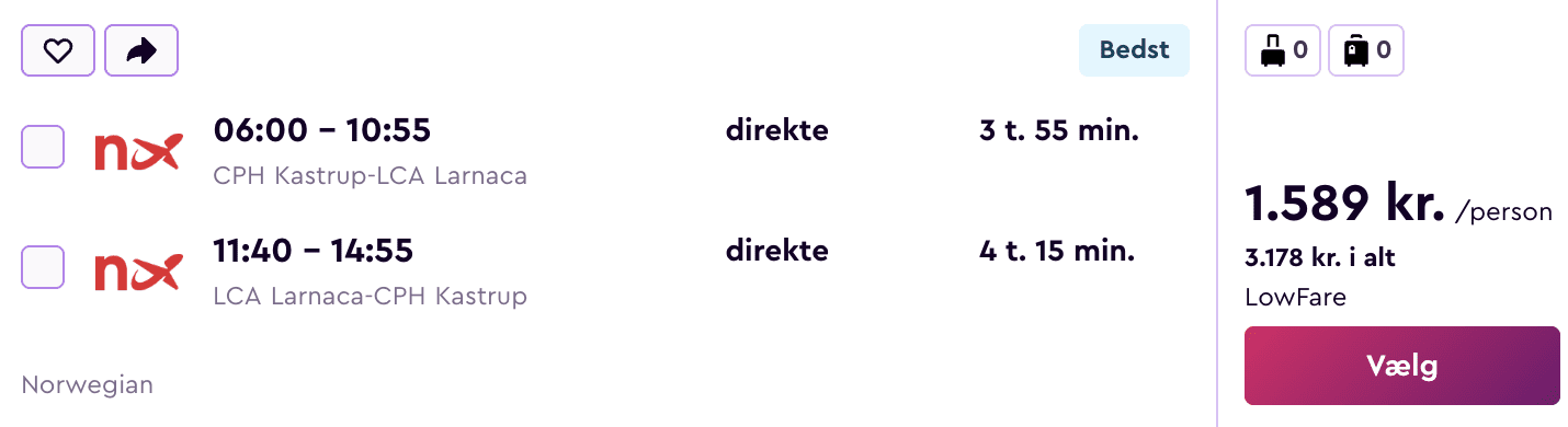 Flight price screenshot from København