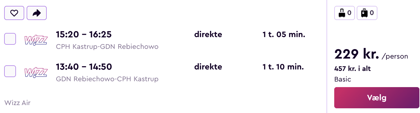 Flight price screenshot from København