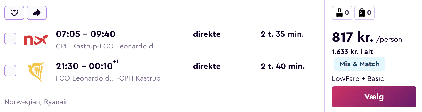 Flight price screenshot from København