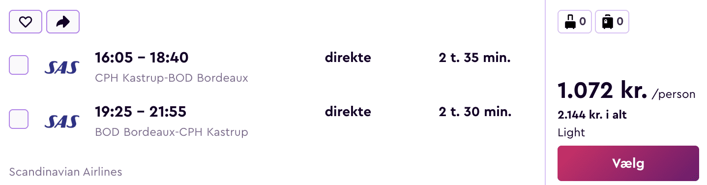 Flight price screenshot from København
