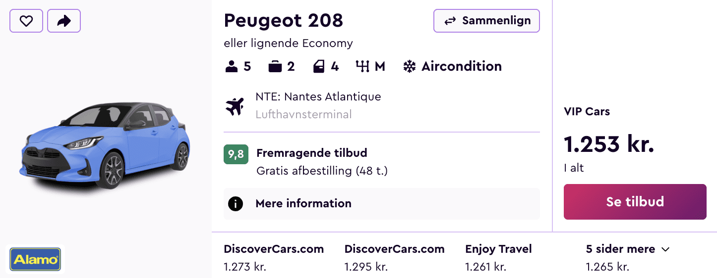Lejebil pris-screenshot