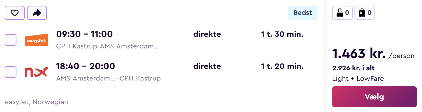 Flight price screenshot from København