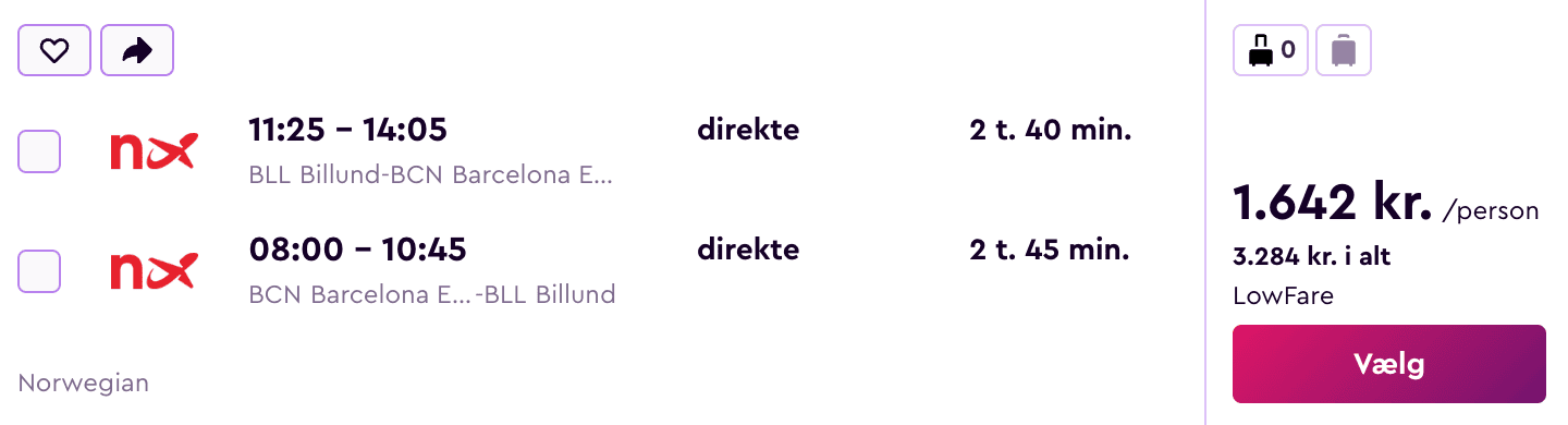 Flight price screenshot from Billund (BLL)