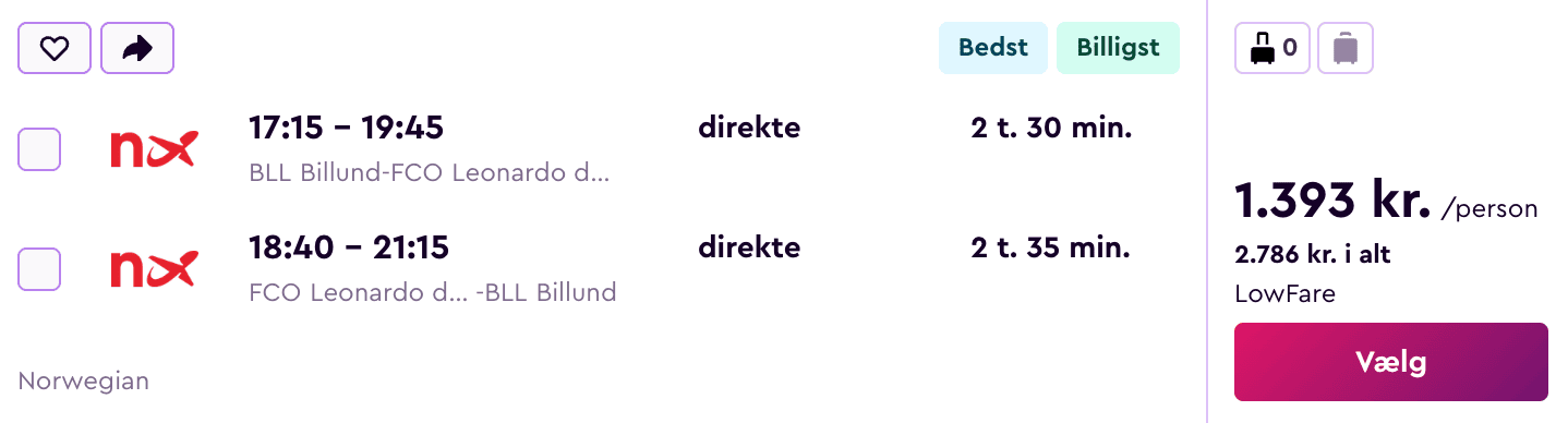 Flight price screenshot from Billund (BLL)