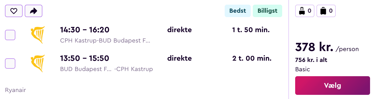 Flight price screenshot from København
