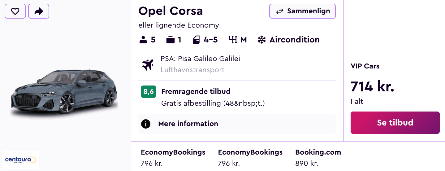 Lejebil pris-screenshot