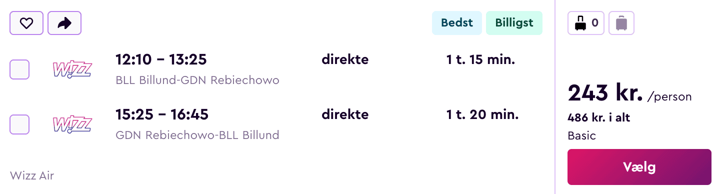 Flight price screenshot from København