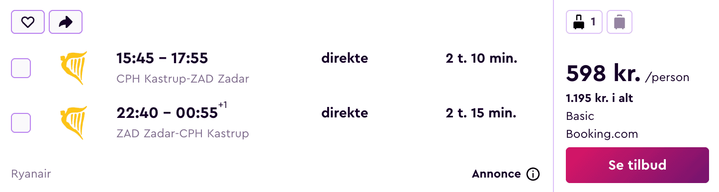 Flight price screenshot from København