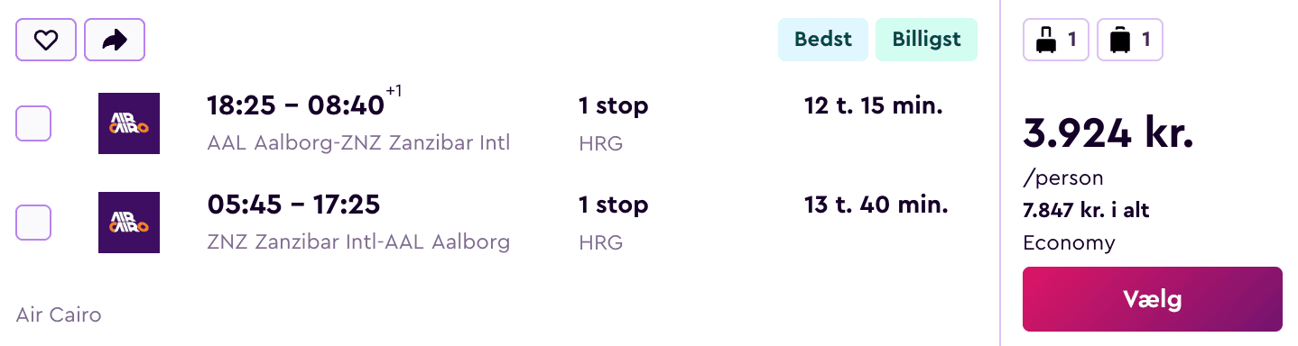 Flight price screenshot from København
