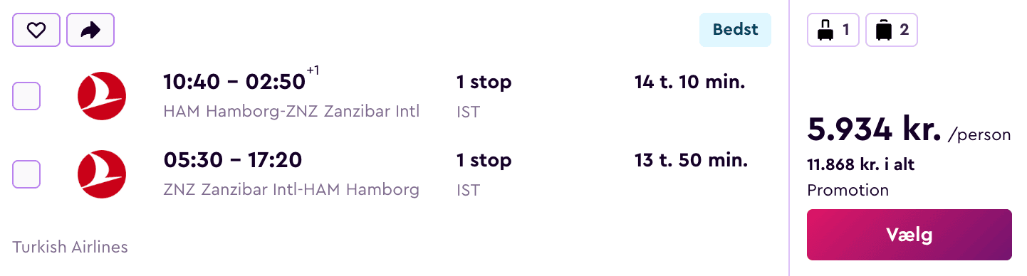 Flight price screenshot from Billund (BLL)