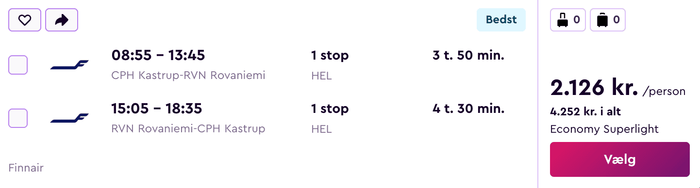 Flight price screenshot from København