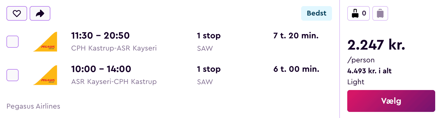 Flight price screenshot from København