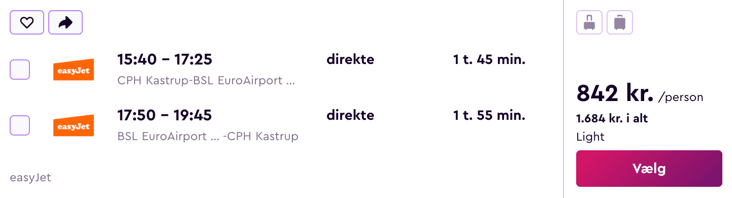 Flight price screenshot from København