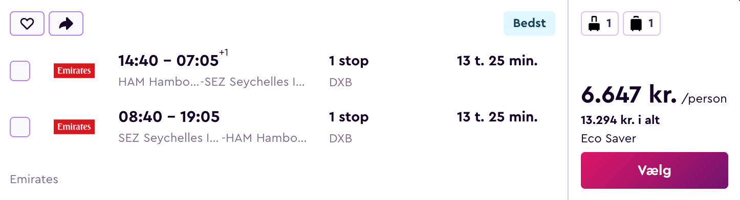 Flight price screenshot from København