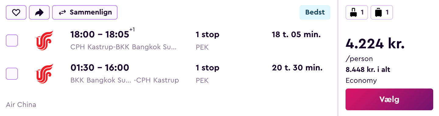 Flight price screenshot from København