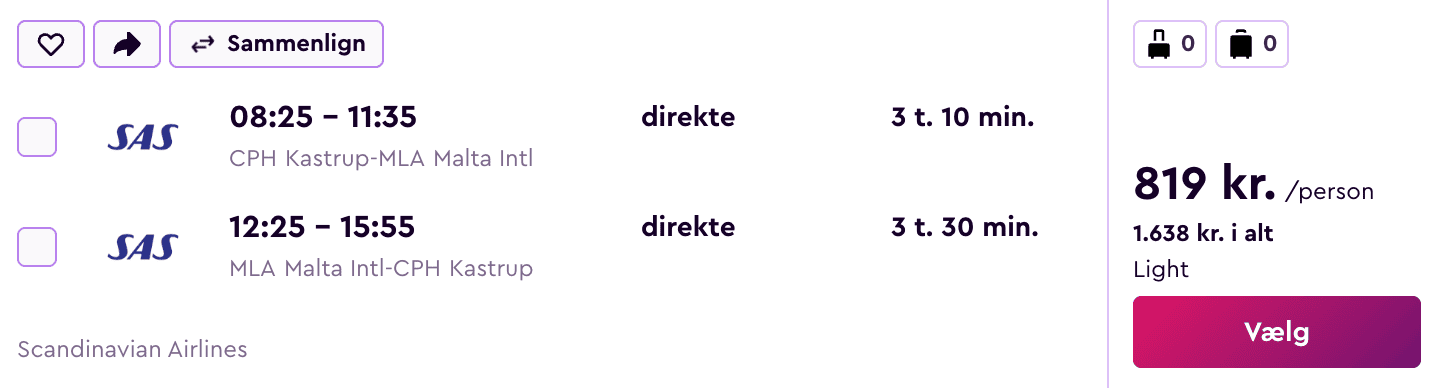 Flight price screenshot from København