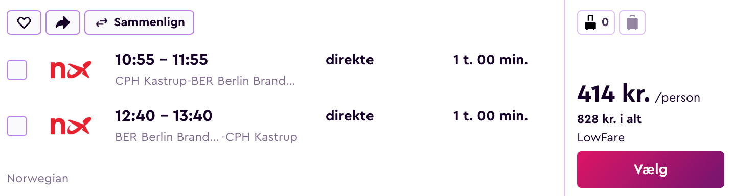 Flight price screenshot from København